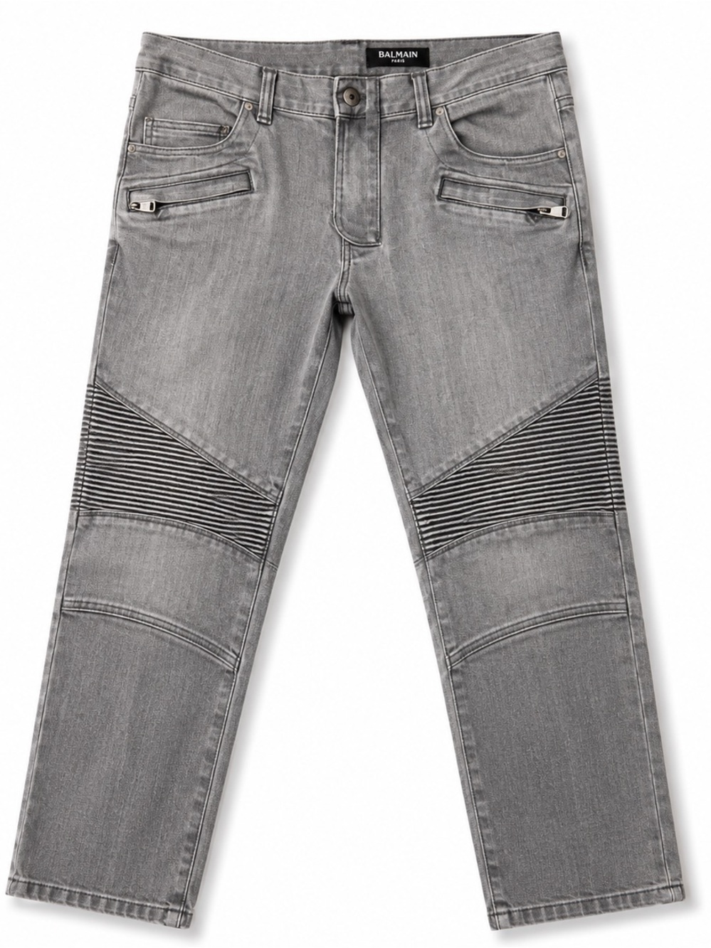 Balmain Paris Gray Biker Jeans Men’s 34 x 32 Moto Ribbed Designer Denim
